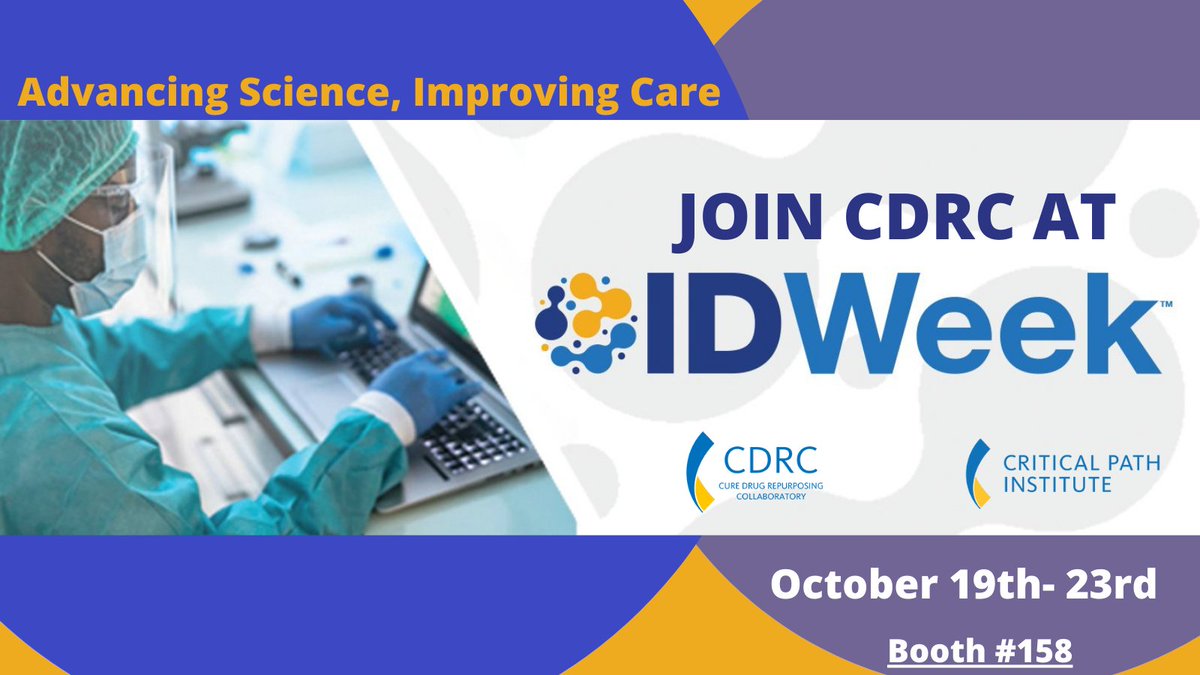 Find out more about CURE ID and the Cure Drug Repurposing Collaboratory at @IDWeek2022.
Come visit us at booth 158 from 10:00 a.m. - 2:00 p.m. to win free CURE ID swag 
#CUREID #IDTwitter #idweek2022