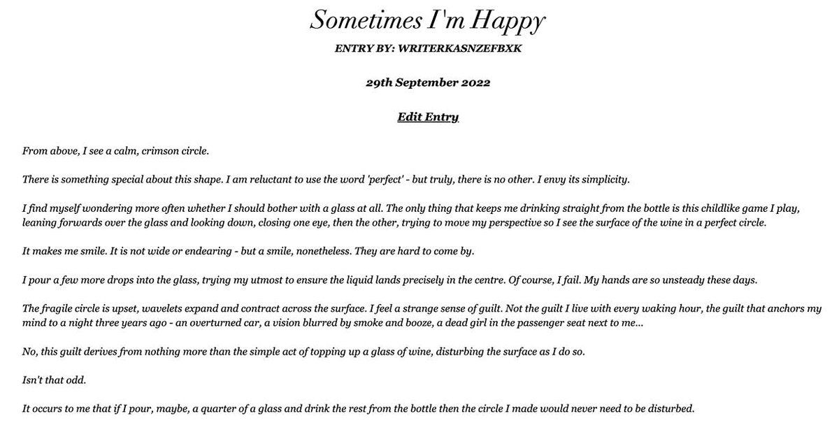 Congratulations to WRITERKASNZEFBXK who won last week's competition 'Sometimes I'm Happy'

Read the full piece here: hourofwrites.com/user/entries/i…