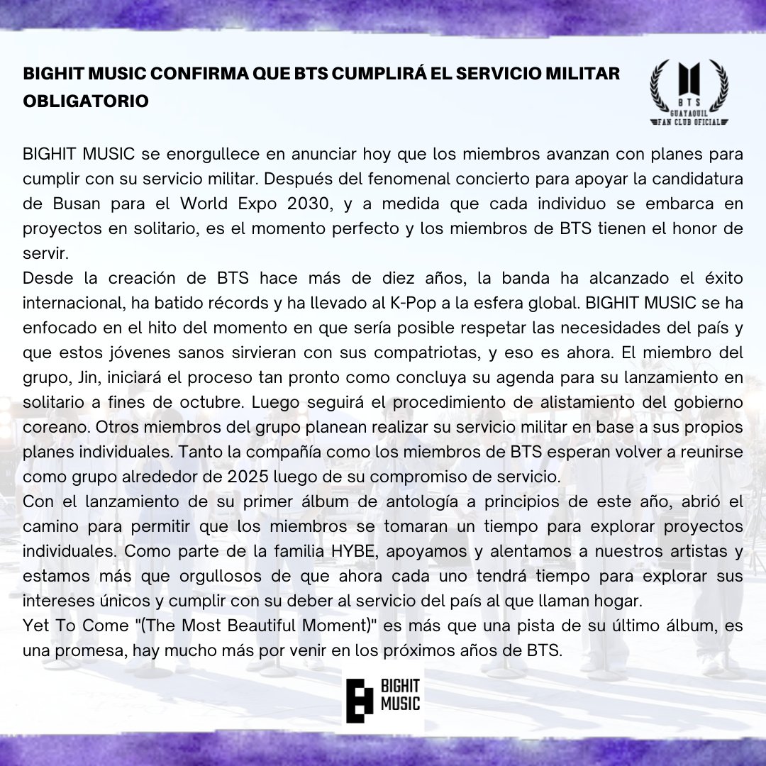 BTSEcuador_7's tweet photo. ❕ANUNCIO SOBRE EL SERVICIO MILITAR
Queridx ARMY, tomemos esta decisión con madurez y respetando las decisiones de los chicos.
Se nos van por un tiempo, los años pasan rápido pero volverán, siempre juntos.
BTS💜ARMY
#BTSxArmyGye #BTSxArmyEcu #armyecuador #btsecuador #ARMYec https://t.co/j7K4RbzQpA