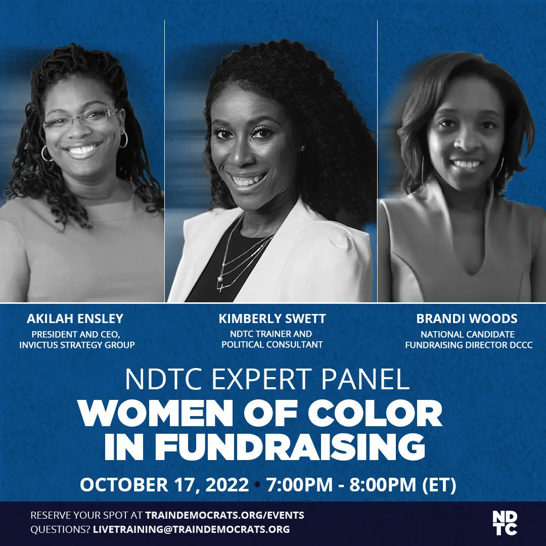 TrainDems's tweet photo. TONIGHT AT 7PM ET: Join expert fundraisers @arensley, @KNFConsulting , &amp; Brandi Woods for a discussion on navigating political fundraising as a woman of color.

They'll explore what success, challenges, &amp; opportunities look like for WOC in this space: https://t.co/wGwRIpL2hj https://t.co/NZGojpTzzJ