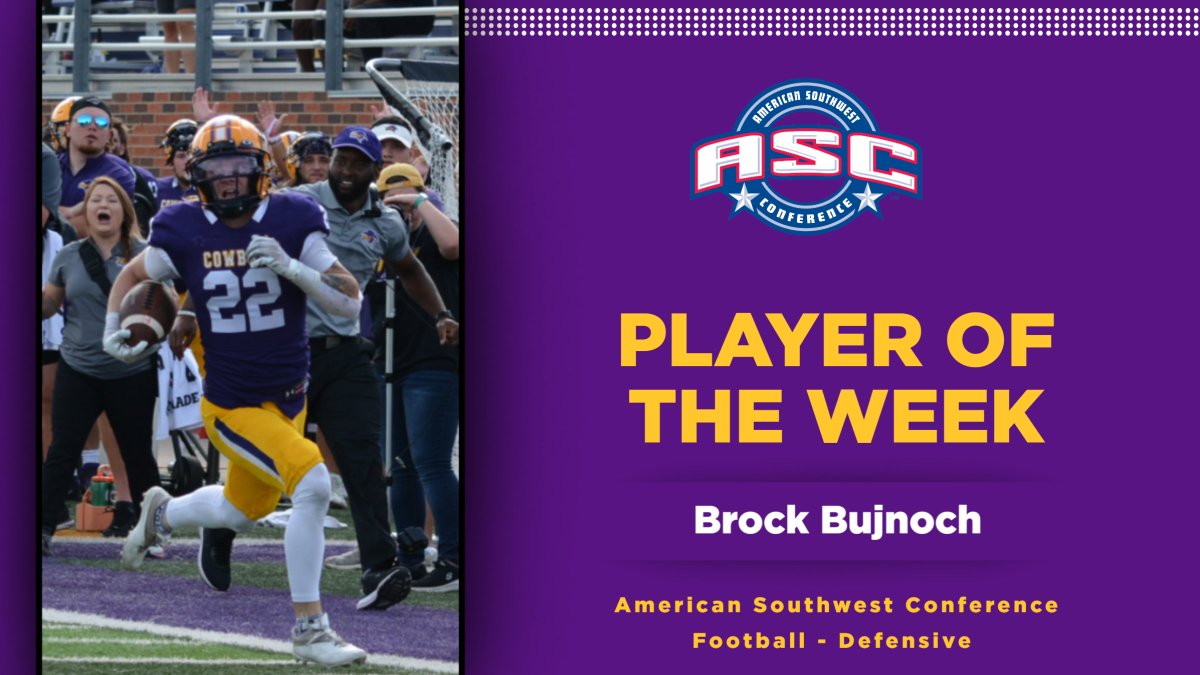 HSUAthletics's tweet photo. Brock Bujnoch has been named the ASC defensive player of the week after recording a pair of interceptions, 3 PBUs and three tackles as the Cowboys limited ETBU to 94 yards in the win. https://t.co/9Ijyb8nGMJ
