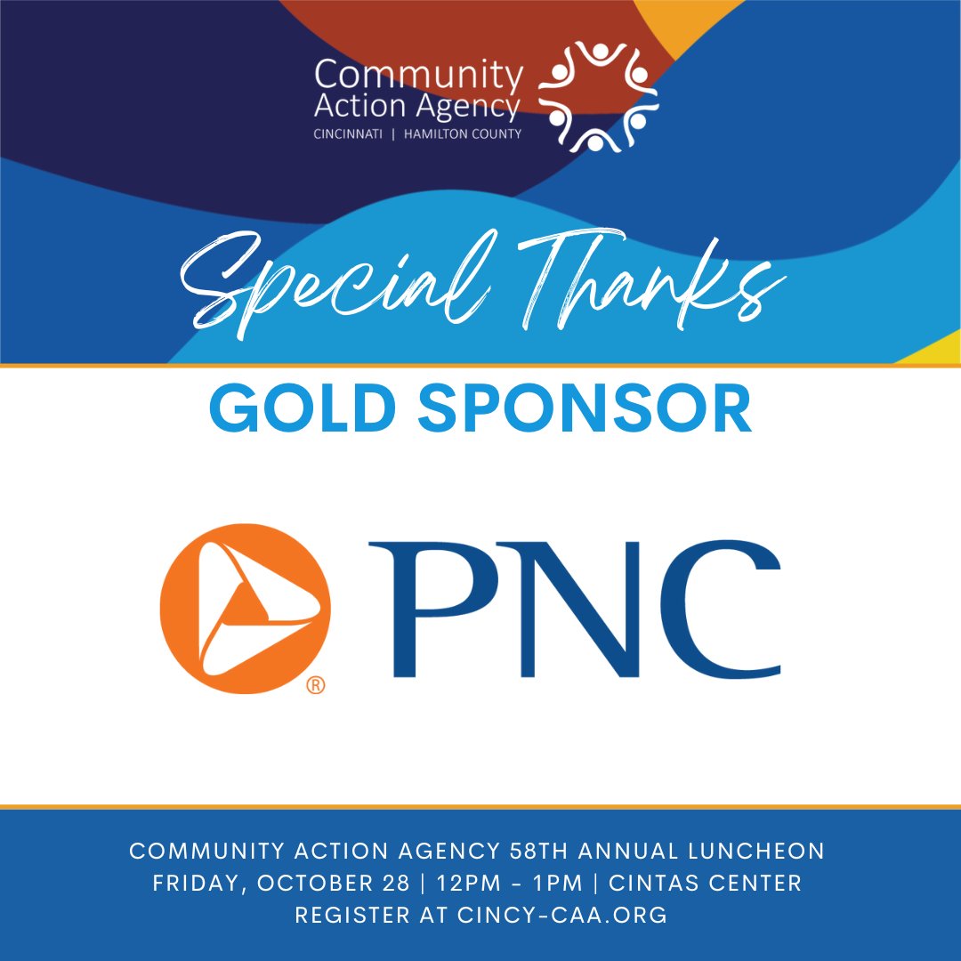 CincyCAA's tweet photo. We would like to thank @PNCBank for being a Gold Sponsor! It's because of your generosity that we're able to make a difference in Greater Cincinnati!
Register for our 58th Annual Luncheon today at https://t.co/IS56oanevE
#ImprovingOurCommunity #OneFamilyAtAtime https://t.co/ILn3xVuWHO