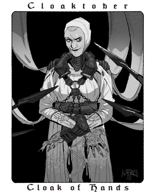 #Cloaktober 17. Cloaks of Hands
In the Iron Keep, the punishment for renegade mages is to wear "the grip", a leaden device which blocks magical abilities. But years have worn out this instrument and could shatter at any moment. 