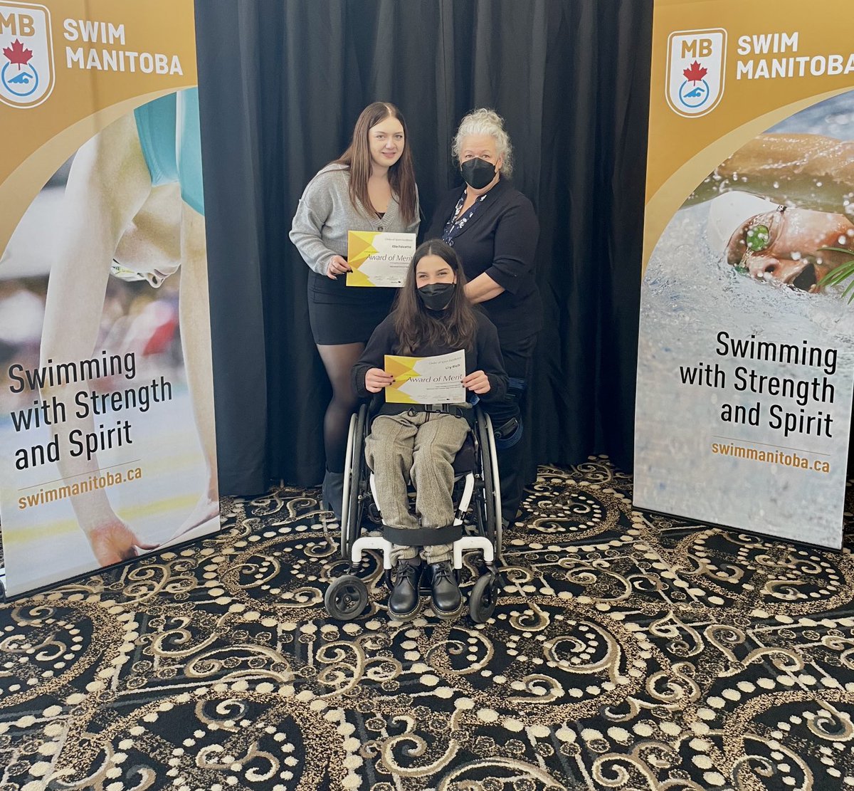 ParaStormSwim's tweet photo. Swim Manitoba Awards Celebration. Congratulations to Ella Lily and Josh on their Award of Merit for Canada Summer Games. Congratulations to Matt on his Para Swimmer of the Year for Bronze medal at Western Championships.  PSSC Proud 👏 https://t.co/kVjYOKyxhE