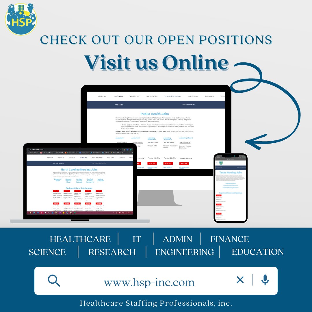 Happy Monday! Searching for your next job opportunity? Visit our website for our latest open positions, or contact us today! 💻hsp-inc.com 📞866-975-3968 #jobboard #puclichealth #admin #healthcare #nursing #science #hiringnow #lacounty #losangeles #californiajobs
