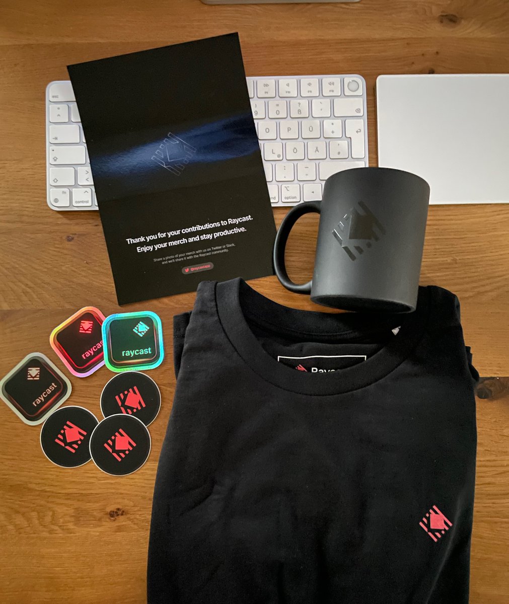 Just received the <a href="/raycastapp/">Raycast</a> community swag and it looks awesome 😍
A big thanks to the Raycast team for sending out this gift to all contributors!