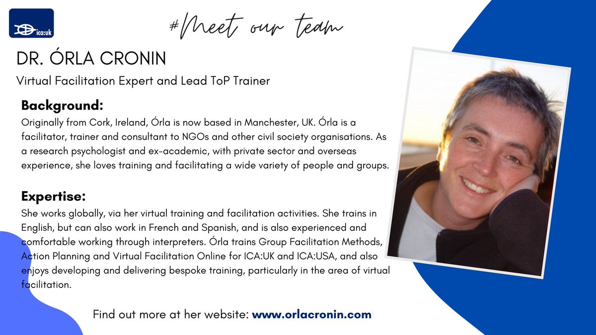 😆 Meet Orla, our Lead ToP Trainer and virtual &amp; hybrid facilitation expert! 💻 Why not join Orla's Hybrid Facilitation courses in Nov and Dec or her next virtual Group Facilitation Methods course in November! MORE INFO HERE: ow.ly/HkAJ50Lbjs5  <a href="/croninorla/">Orla Cronin</a>