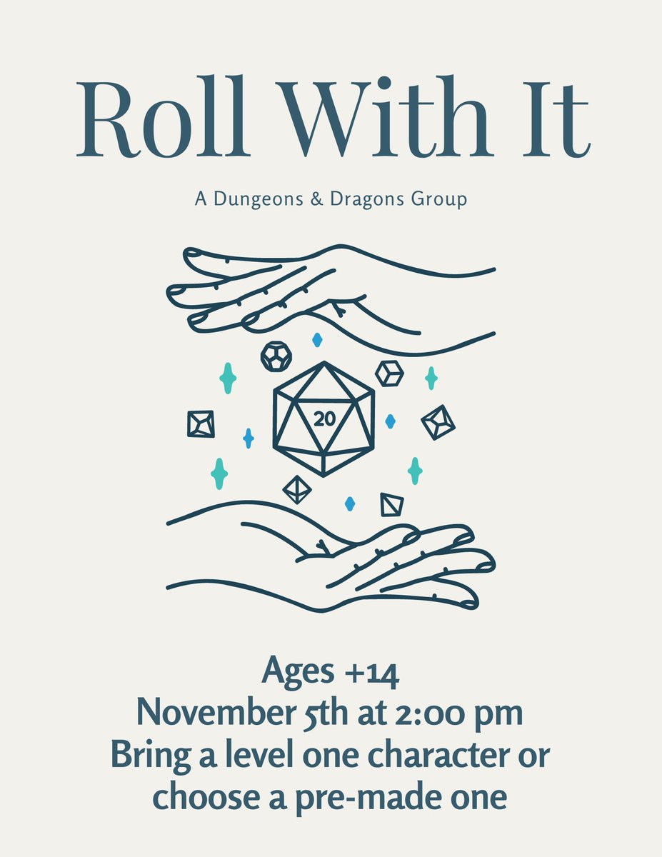 MEL_ibrary's tweet photo. Looking for a new adventuring party? First time slaying dragons? Either way, you are welcome to join us in celebrating International Games Month by playing Dungeons &amp; Dragons! Please bring a level one character or you can chose from one of our pre-made characters. https://t.co/FaHYjU9pww