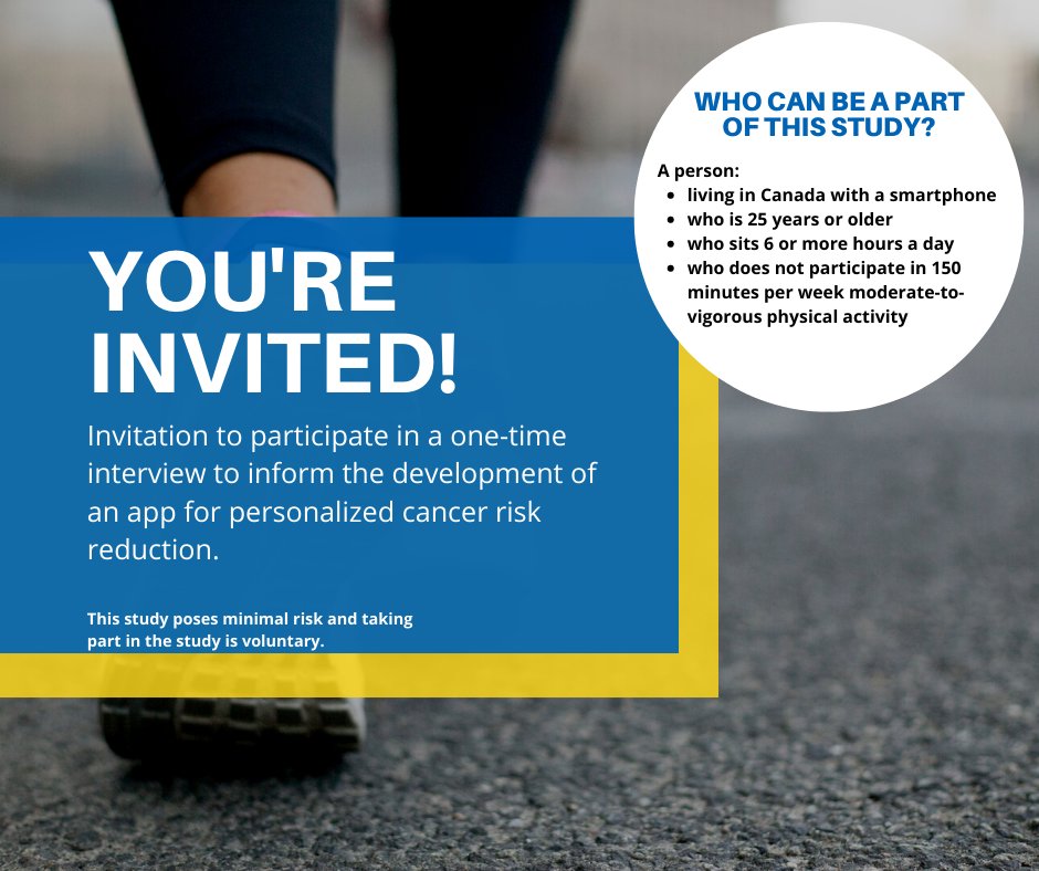cancersociety's tweet photo. You’re invited!

In partnership with the Canadian Cancer Society, Alberta Health Services and the University of Calgary are completing a study called Make Health Changes Easy – an artificial intelligence (AI)-enabled Dialogue-Driven App for Personalized Cancer Prevention. https://t.co/05tzKfwyav