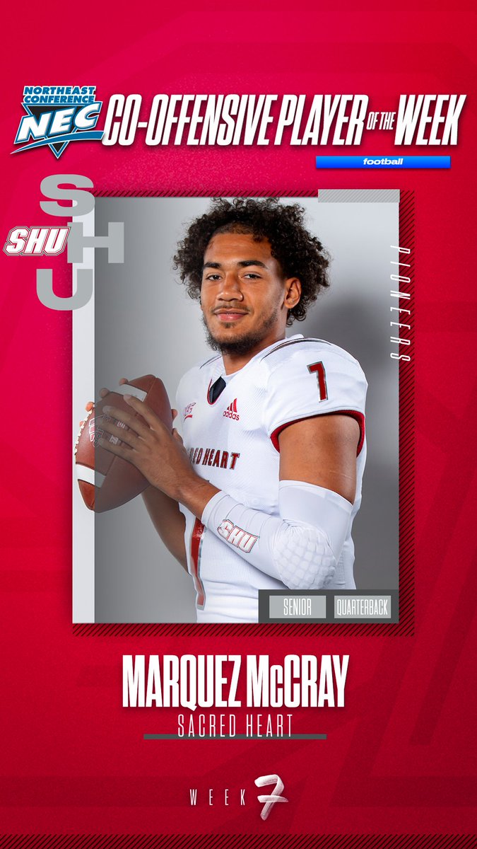 🏅 Official #NECFB Co-Offensive Player of the Week 🏅 ➡️ Marquez McCray, @SHUBigRed 📓 McCray completed 70.0% of his passes and threw for a career-high 405 yards against Stonehill for the 11th best performance by a QB in the FCS this season. He had 1 TD pass and 1 TD rush.