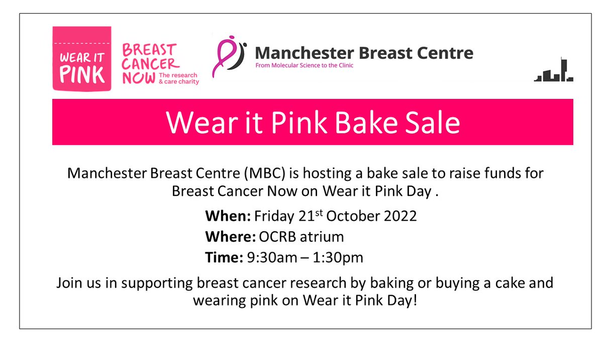 We're hosting a bake sale to raise funds for @BreastCancerNow on #WearItPink Day Friday 21st October. If you're in Manchester, join us for cake at the Oglesby Cancer Research Building @MCRCnews. Donations can also be made online at: justgiving.com/fundraising/ma…