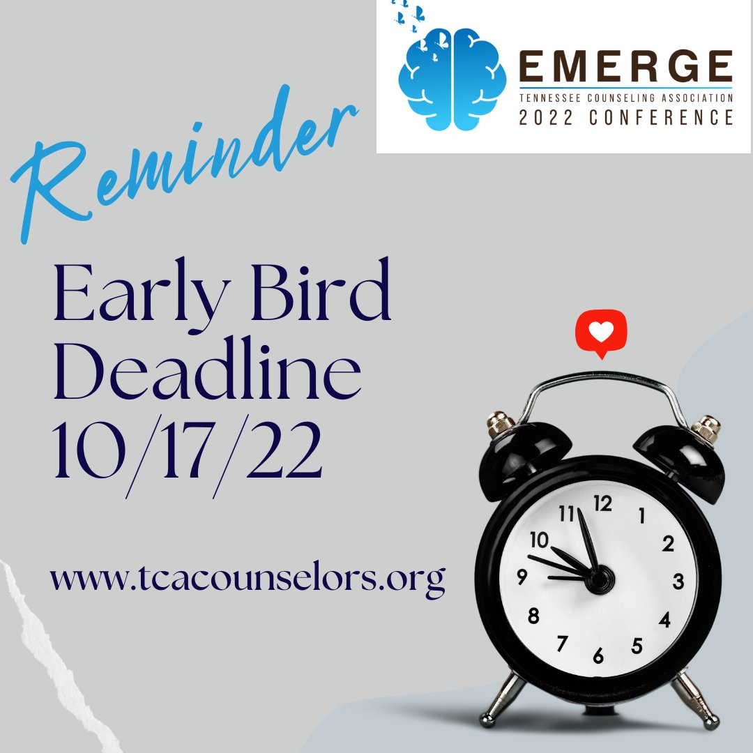 Today is the Early Bird Deadline for the upcoming in-person TCA Conference (11/10-11/13) in Franklin, TN.  We are excited to see you all there!  tcacounselors.org/conference