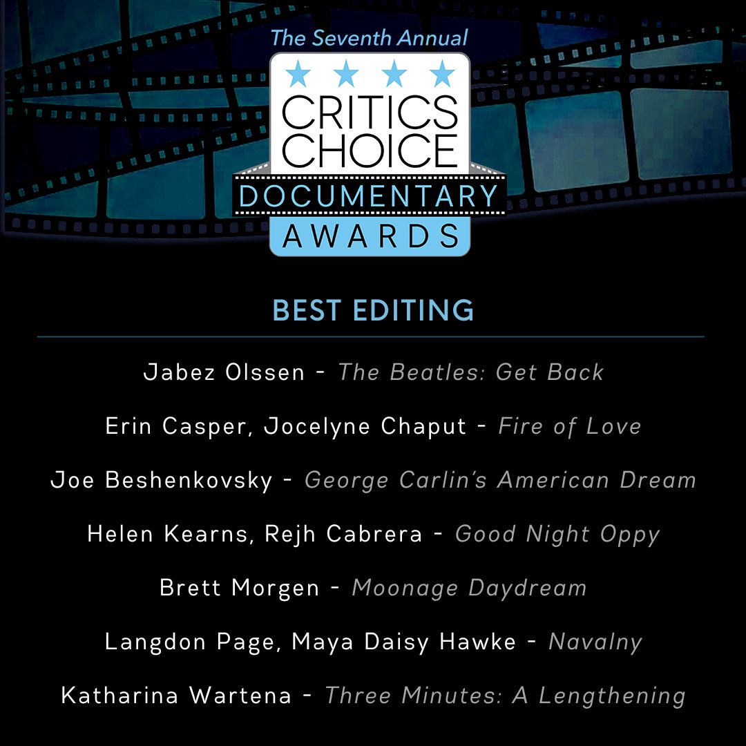 CriticsChoice's tweet photo. Announcing the nominees for BEST EDITING for the 7th Annual #CriticsChoice Documentary Awards Presented by @NatGeoDocs !   Winners will be revealed at a gala event Nov 13th in Manhattan NY
#BESTEDITING
#CCDOC #CCDocumentary #CCADOCUMENTARY  @HBODocs @neonrated https://t.co/8UdLK678OJ