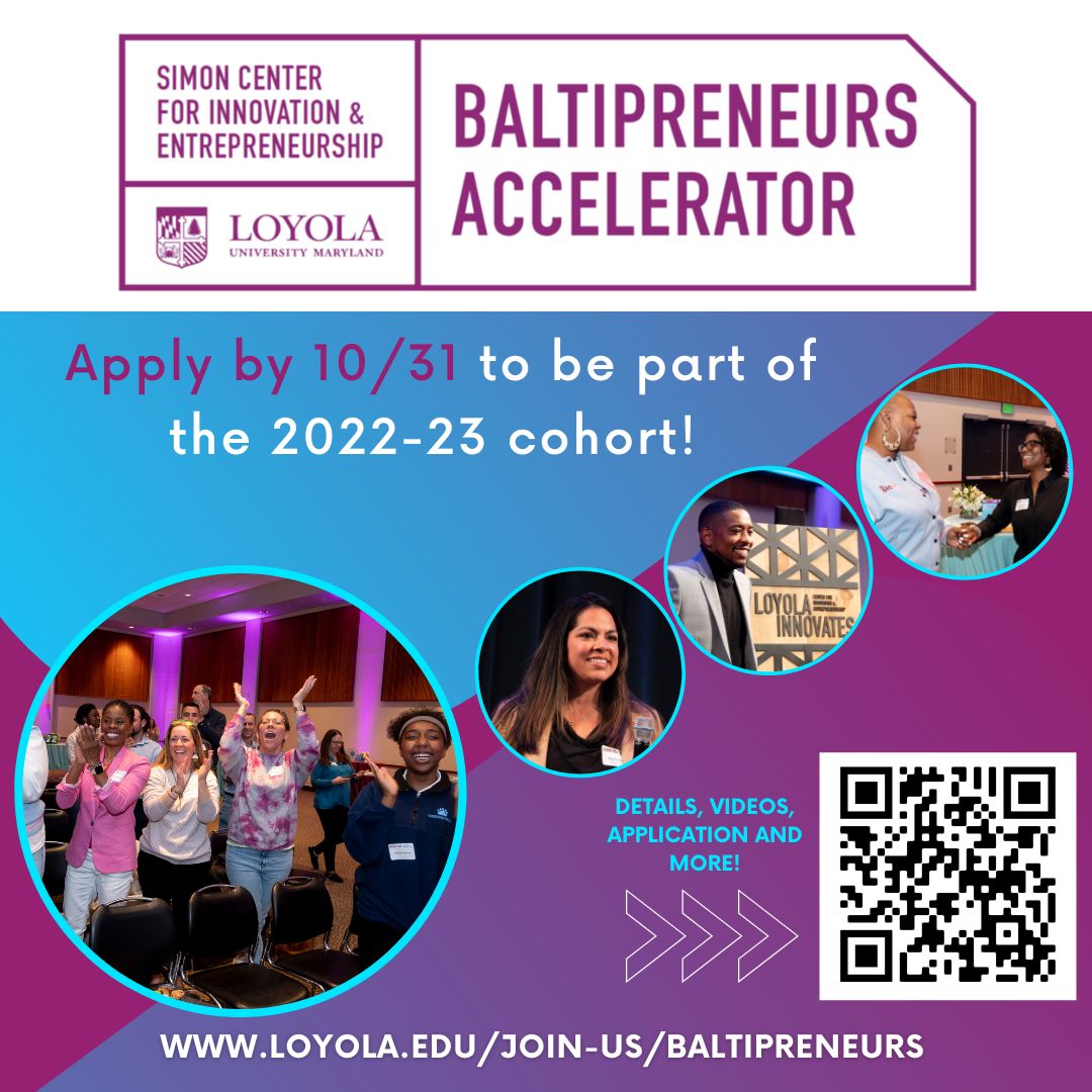Applications are open through Oct 31 for the Baltipreneurs Accelerator at @LoyolaInnovates! The Accelerator provides funding, training, and mentorship for Baltimore’s innovators. Learn more: loyola.edu/join-us/baltip…