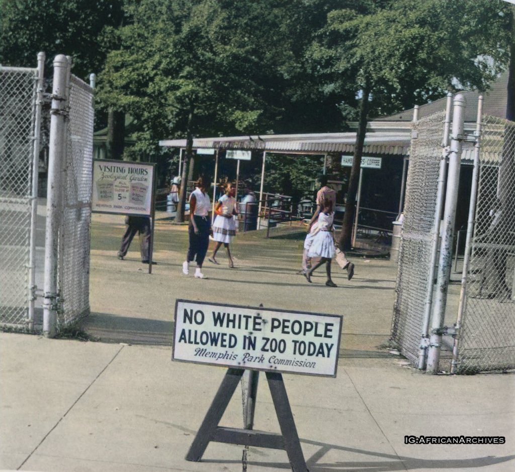 Sign placed in front of the Memphis Zoo, Tennessee, stating the only day of the week that blacks were allowed to visit, 1959 The city had “Negro Thursdays’’ where black citizens could visit the Brooks Museum, the Memphis Zoo and Pink Palace Museum.