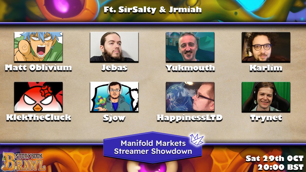Announcing a <a href="/StorybookBrawl/">Storybook Brawl</a> tournament I will be running with <a href="/ManifoldMarkets/">Manifold</a> to celebrate the launch of our new Twitch integration!

Sat 29th 20:00 BST

I will be producing and casting it alongside <a href="/jrm1ah_yt/">Jrm1ahYT</a> on my channel! All participants will also be streaming their pov!