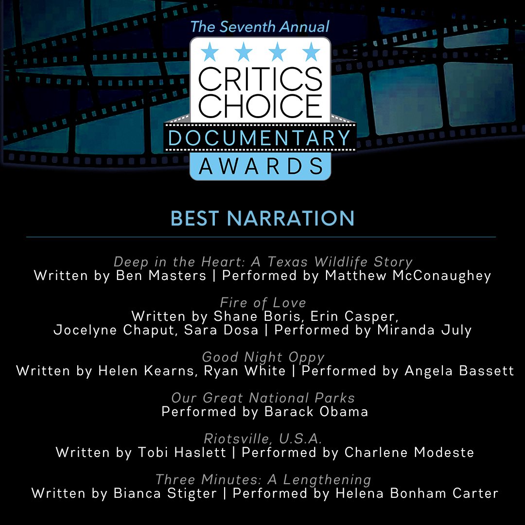 Announcing the nominees for BEST NARRATION for the 7th Annual #CriticsChoice Documentary Awards Presented by <a href="/NatGeoDocs/">National Geographic Documentary Films</a> ! Winners will be revealed at a gala event Nov 13th in Manhattan NY
#NARRATION
#CCDOC #CCDocumentary #Ccadocumentary @AmazonStudios <a href="/neonrated/">NEON</a>