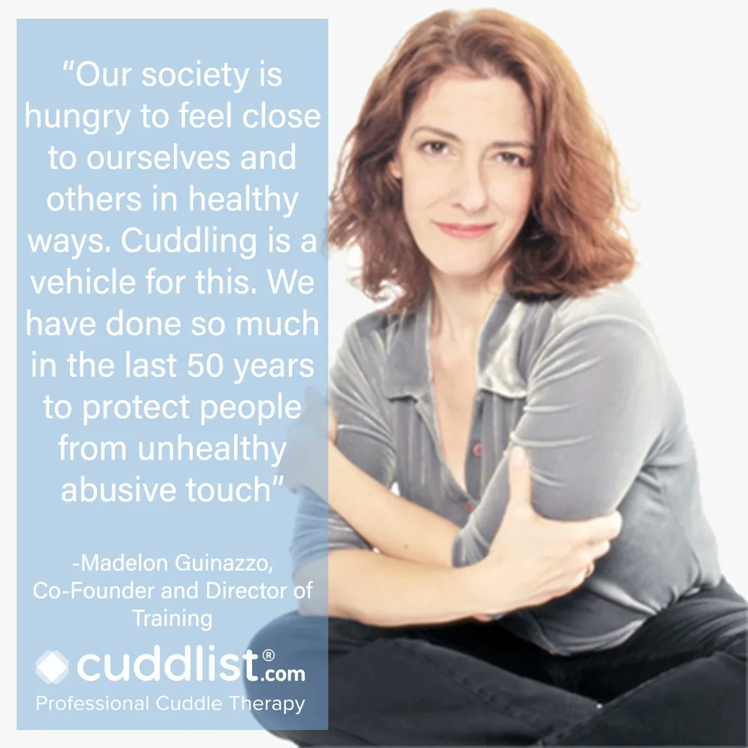 Cuddlist's tweet photo. Our society is hungry to feel close to ourselves and others in healthy ways.
Cuddling is a vehicle for this. We have done so much in the last 50 years to protect people from unhealthy abusive touch.
- Madelon Guinazzo
#madelonmondays #cuddlist #cuddletherapy #professionalcuddling https://t.co/cVRDg83sZ5