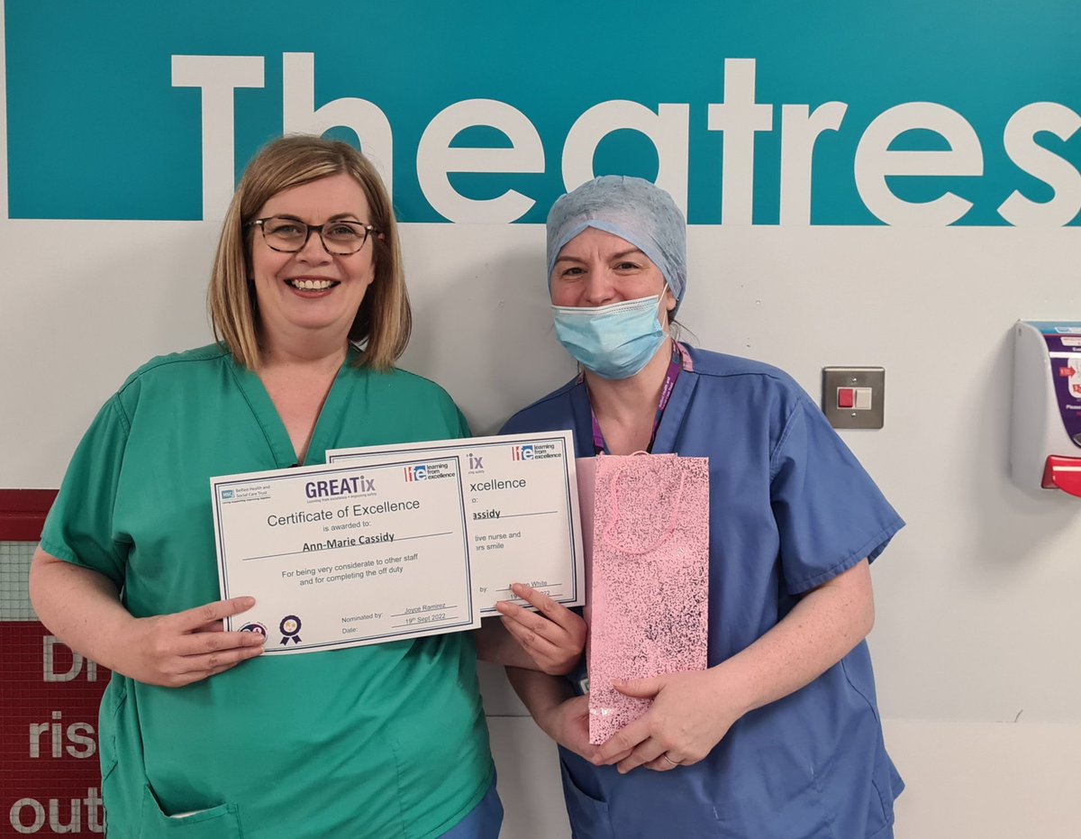 AlixMurph's tweet photo. Delighted to share photos of Ann-Marie and James receiving the first GREATix certificates in RVH theatres #lfe https://t.co/8MJcZSHyCH