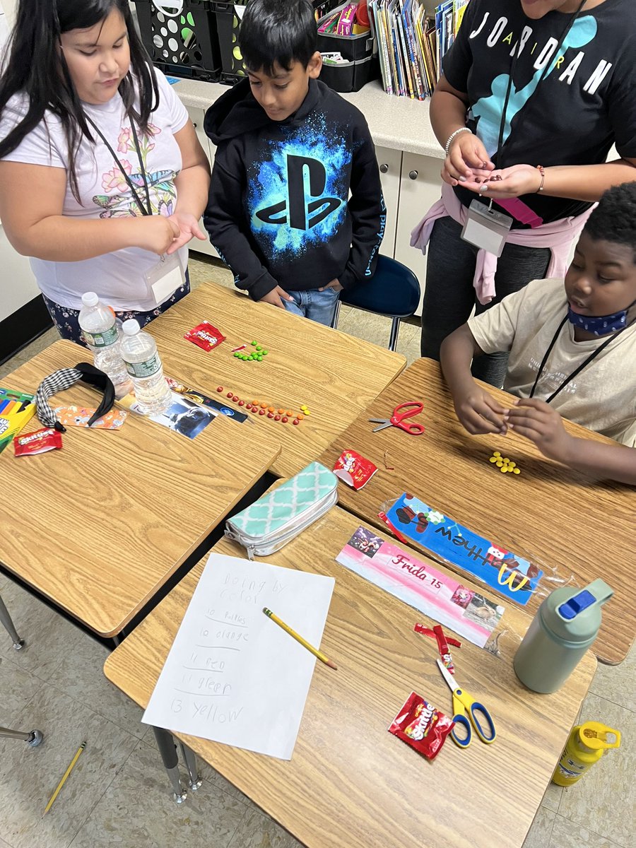 Grade 4 students digging into data using Skittles. 📊✏️