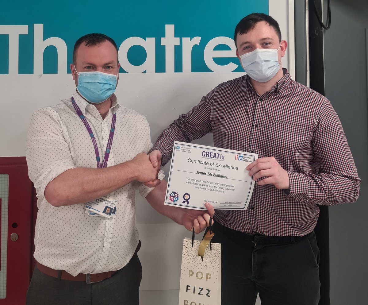 AlixMurph's tweet photo. Delighted to share photos of Ann-Marie and James receiving the first GREATix certificates in RVH theatres #lfe https://t.co/8MJcZSHyCH
