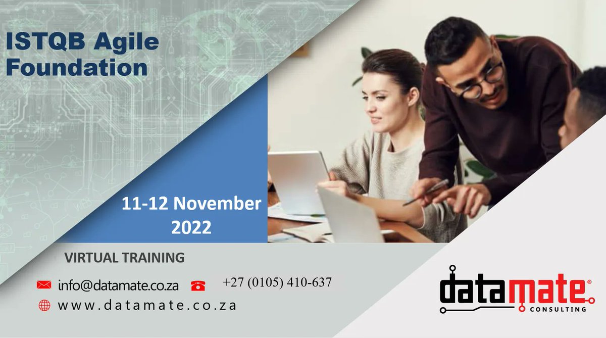 datamatesa's tweet photo. This 2-day course builds on the Foundation level for testers wanting to work in Agile projects as testing is different from traditional methods. Agility helps achieve high performance.
For more
Visit Now: https://t.co/3uOcy8WETU
CALL:+27 (0105) 410-637
#agiletesting https://t.co/YroHA8ooWK