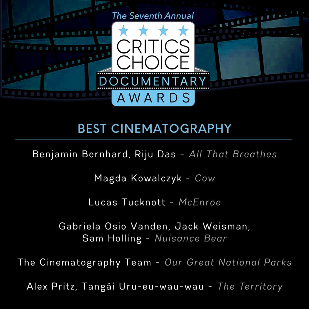 Announcing the nominees for BEST CINEMATOGRAPHY for the 7th Annual #CriticsChoice Documentary Awards Presented by @NatGeoDocs ! Winners will be revealed at a gala event Nov 13th in Manhattan NY #BESTCINEMATOGRAPHY #CCDOC #CCDocumentary #CCADOCUMENTARY @IFCFilms @NewYorker