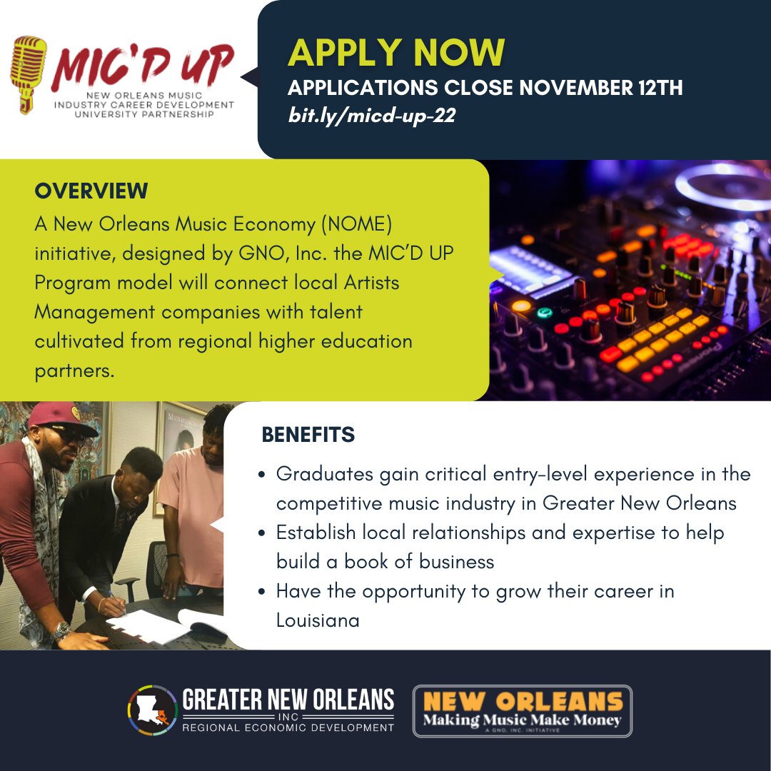 NOLAmusicbiz's tweet photo. Interested in a career in the music business industry? Apply now to the MIC'D UP program that connects local artists' management companies with talent cultivated from regional higher education partners. Apps close Nov. 12th! #NOLAMusicBiz #MusicBiz

Apply: https://t.co/bPAUt7xquk https://t.co/2DvntlnR04