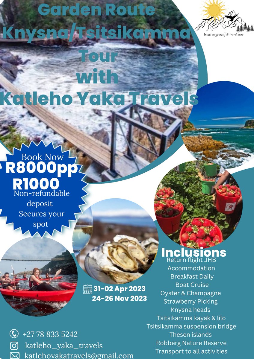 DegreeciusM's tweet photo. Sbwling a mini sho't left hmmmm Katleho Yaka Travels brings you day trips, weekends away, cross border packages (international packages will be available soon).
We curate for solo travellers, couples, friends and family members let's invest in ourselves and travel more🙃🙂🙃 https://t.co/01Lc74QaBt