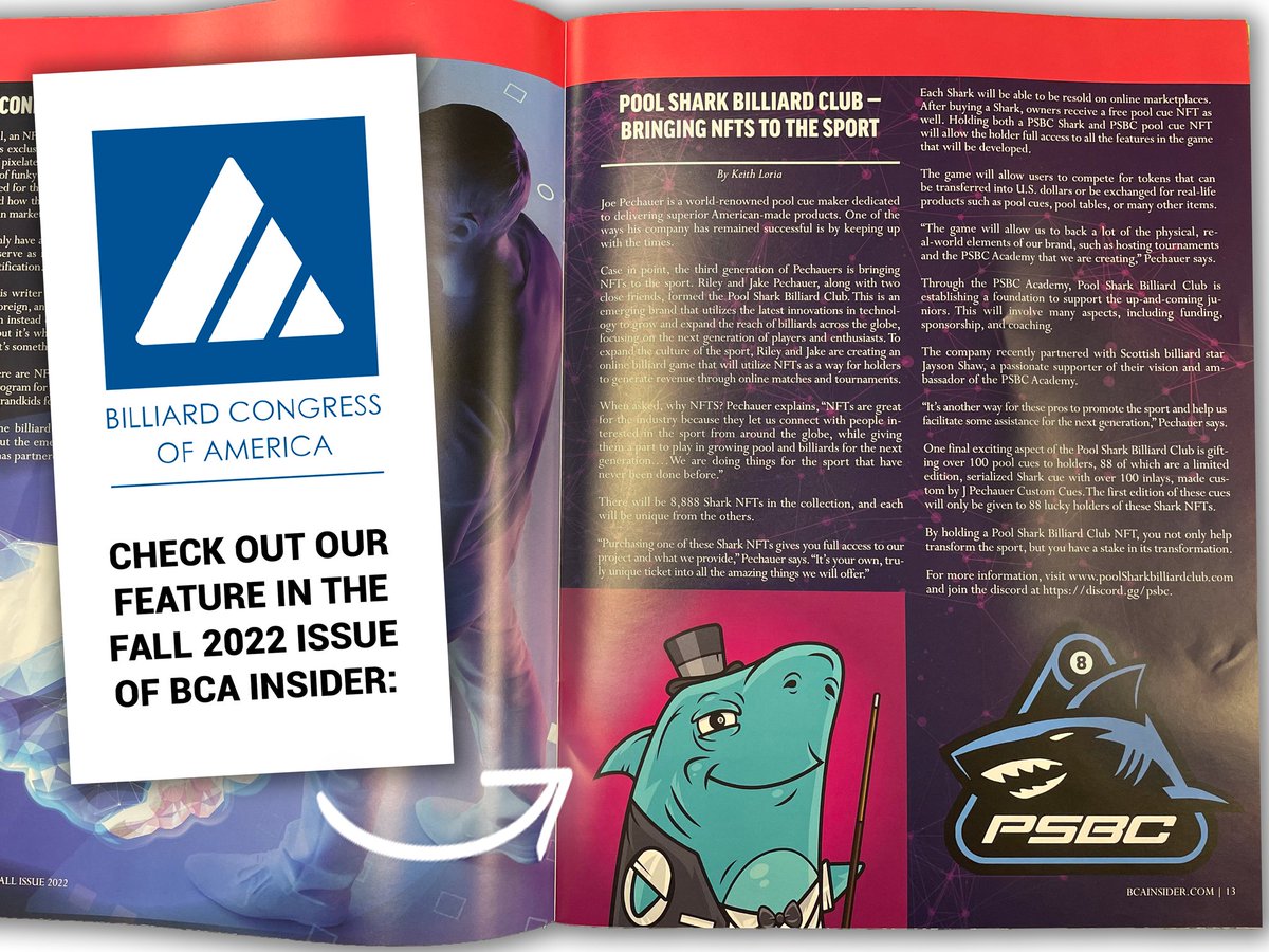 PoolSharkClub's tweet photo. It's Monday Sharks —let's get it!

Honored to see our feature in the Billiard Congress of America (BCA) Insider's Fall issue 😎

The BCA has been a cornerstone of the billiard community since 1948, most recently sponsoring the US Open Junior Pool Championship with @MatchroomPool https://t.co/67dnOJGemu