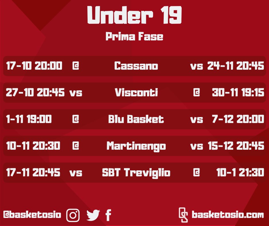basketosio's tweet photo. Under 19
Lu 17/10 20.00 @ Cassano vs Gi 24/11 20.45
Gi 27/10 20.45 vs Visconti @ Me 30/11 19.15
Ma 01/11 19.00 @ BluBasket vs Me 07/12 20.00
Gi 10/11 20.30 @ Martinengo vs Gi 15/12 20.45
Gi 17/11 20.45 vs SBT Treviglio @ Ma 10/01 21.30
#basketosio #forzaosio #under19 #u19 #fip https://t.co/tqQmfyICVL