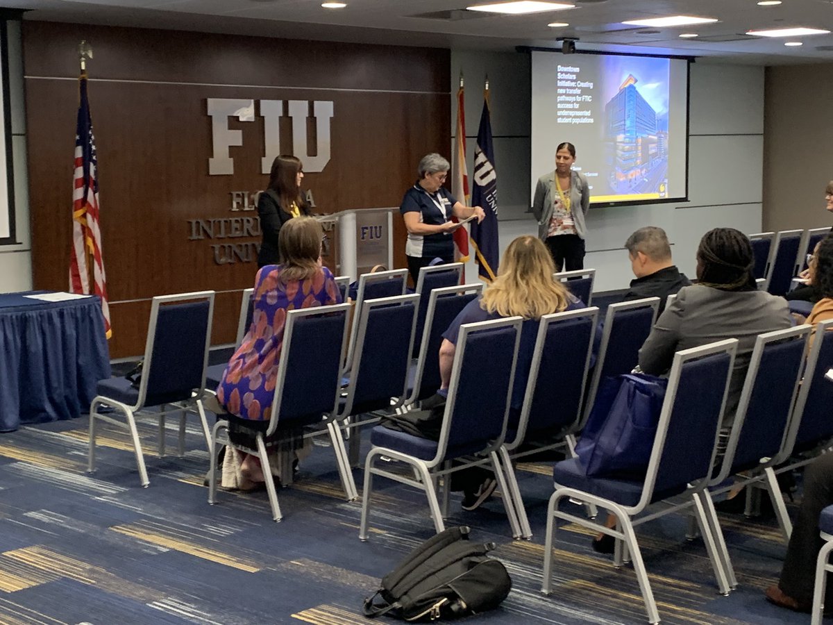 FLConsortium's tweet photo. Education sessions are underway @FIU 🐾 for the #FLTransferSummit22. Teams from @USouthFlorida 🤘@UCF ⚔️ &amp; presenting on Transfer Success at the same time! An I4 🛣 connection  where there are only winners. https://t.co/WXLkMpz8DS