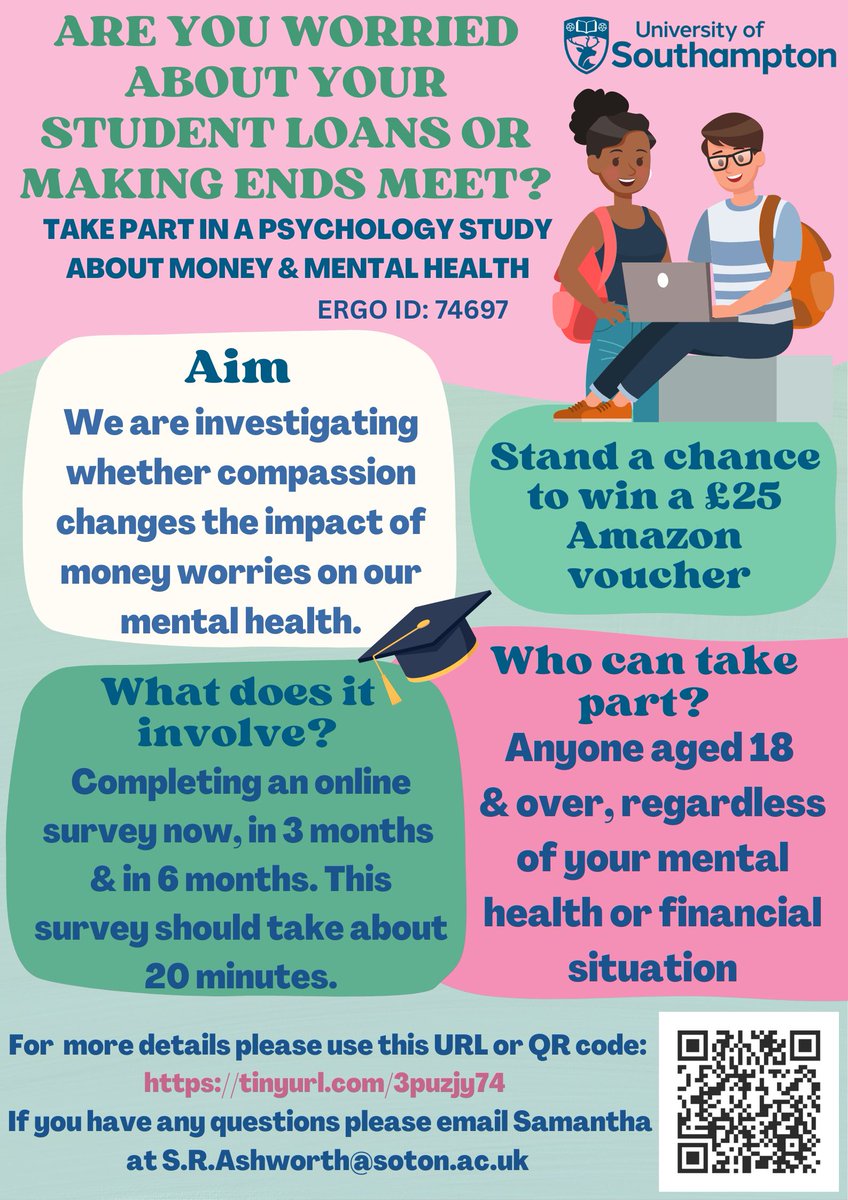 Are you a #student and worried about paying your #studentloans or #CostOfLivingCrisis?

Anyone aged 18 &amp; over, living anywhere, can take part in my research study on #money, #compassion and #mentalhealth. 

To find out more or take part follow this link: 
tinyurl.com/3puzjy74