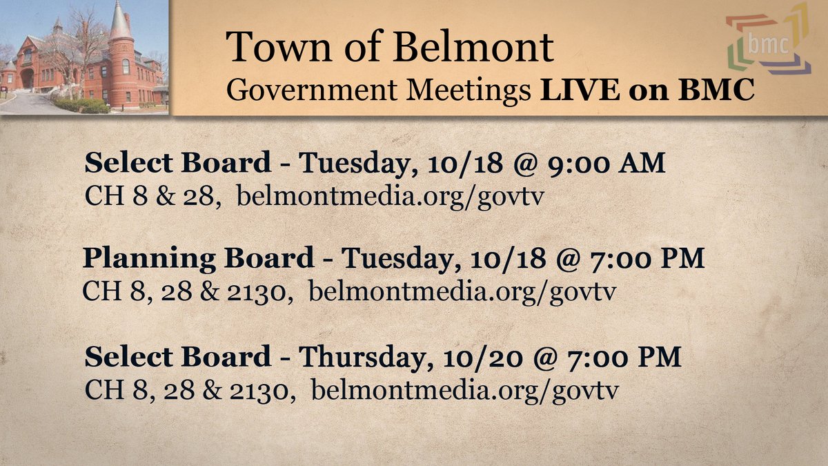 Belmont government meetings LIVE on BMC this week