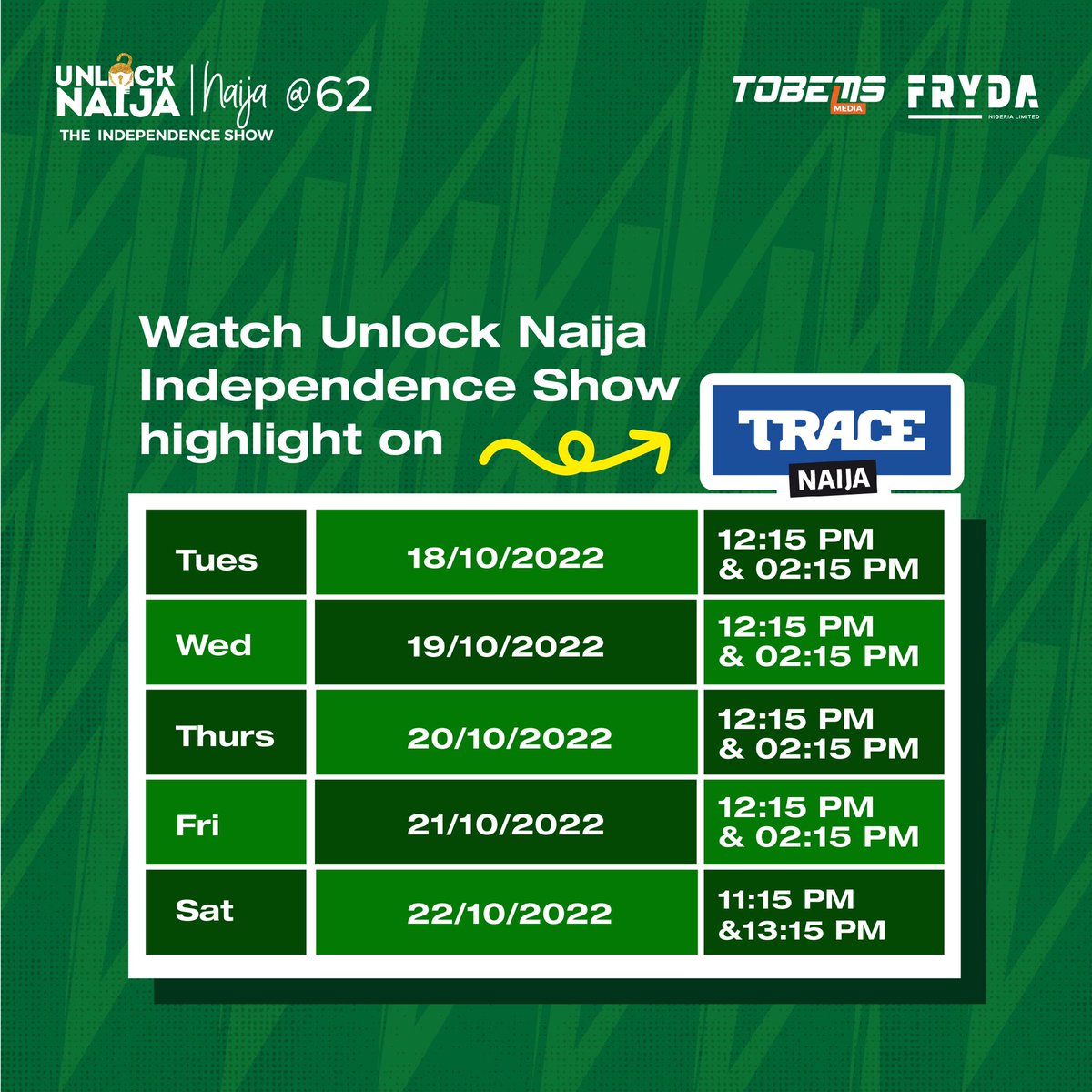 UnlockNaija_'s tweet photo. @unlocknaija_ Independence Show highlight will be showing on @TRACENaija from Tuesday to Friday at 12:15 &amp; 2:15 PM and on Saturday at 11:15 &amp; 13:15 

#UnlockNaija #IndependenceShow #Nigeria #naija #people #culture #vibes https://t.co/jsXR1gsf50