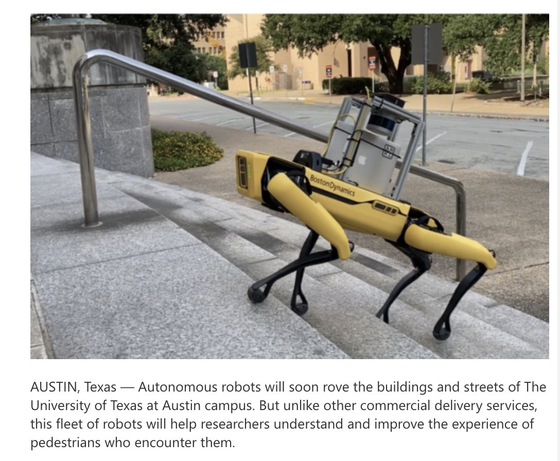 mattlargey's tweet photo. NEW: @UTAustin plans to bring a fleet of dog robots to campus to study robot/pedestrian interaction. https://t.co/4T0DGFq9oZ