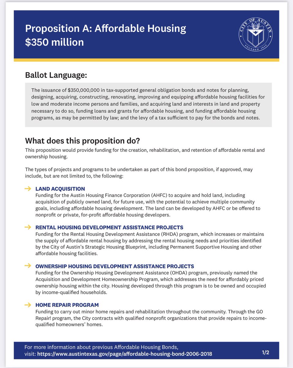 VanessaForATX's tweet photo. NEW: The City of Austin has released a factsheet about the Affordable Housing Proposition (Prop A) which is on the ballot for the Nov. 8 election. 

Early Voting starts Monday, Oct. 24. 👇🏽 https://t.co/nrTqMApRCa