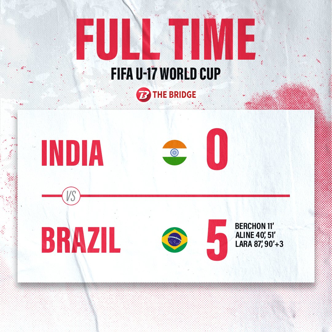 bridge_football's tweet photo. 🚨FULL TIME
India's #U17WWC run ends with a 5-goal defeat to Brazil.😢
FT: 🇮🇳0:5🇧🇷
#IndianFootball⚽️#BRAIND #BackTheBlue #ShePower https://t.co/CnQJuEW970