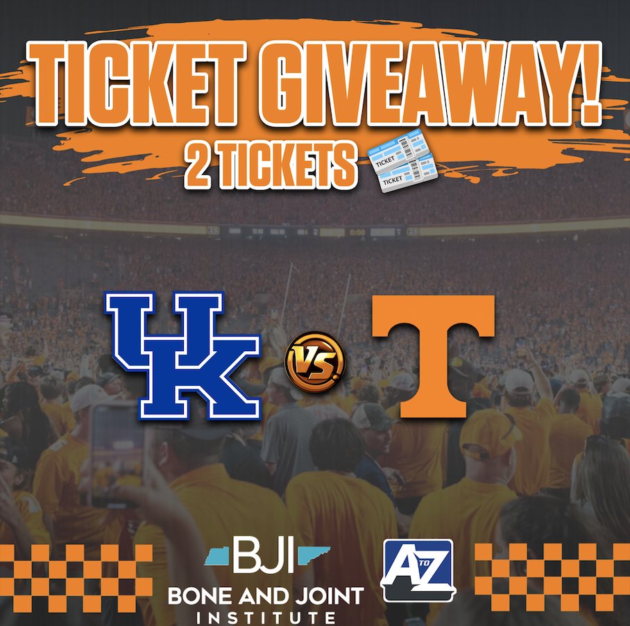AtoZ Sports Nashville (@atozsports) on Twitter photo AGAIN it’s 🍊Ticket Time in Tennessee🍊
The Kentucky game is SOLD OUT but if you want a chance to win a pair of tickets for the game Oct 29 in Knoxville follow these steps:
1) follow <a href="/boneandjointtn/">Bone and Joint Institute of Tennessee</a>
2) share this post
3) 👇 comment below with who you would bring AGAIN it’s 🍊Ticket Time in Tennessee🍊
The Kentucky game is SOLD OUT but if you want a chance to win a pair of tickets for the game Oct 29 in Knoxville follow these steps:
1) follow <a href="/boneandjointtn/">Bone and Joint Institute of Tennessee</a>
2) share this post
3) 👇 comment below with who you would bring