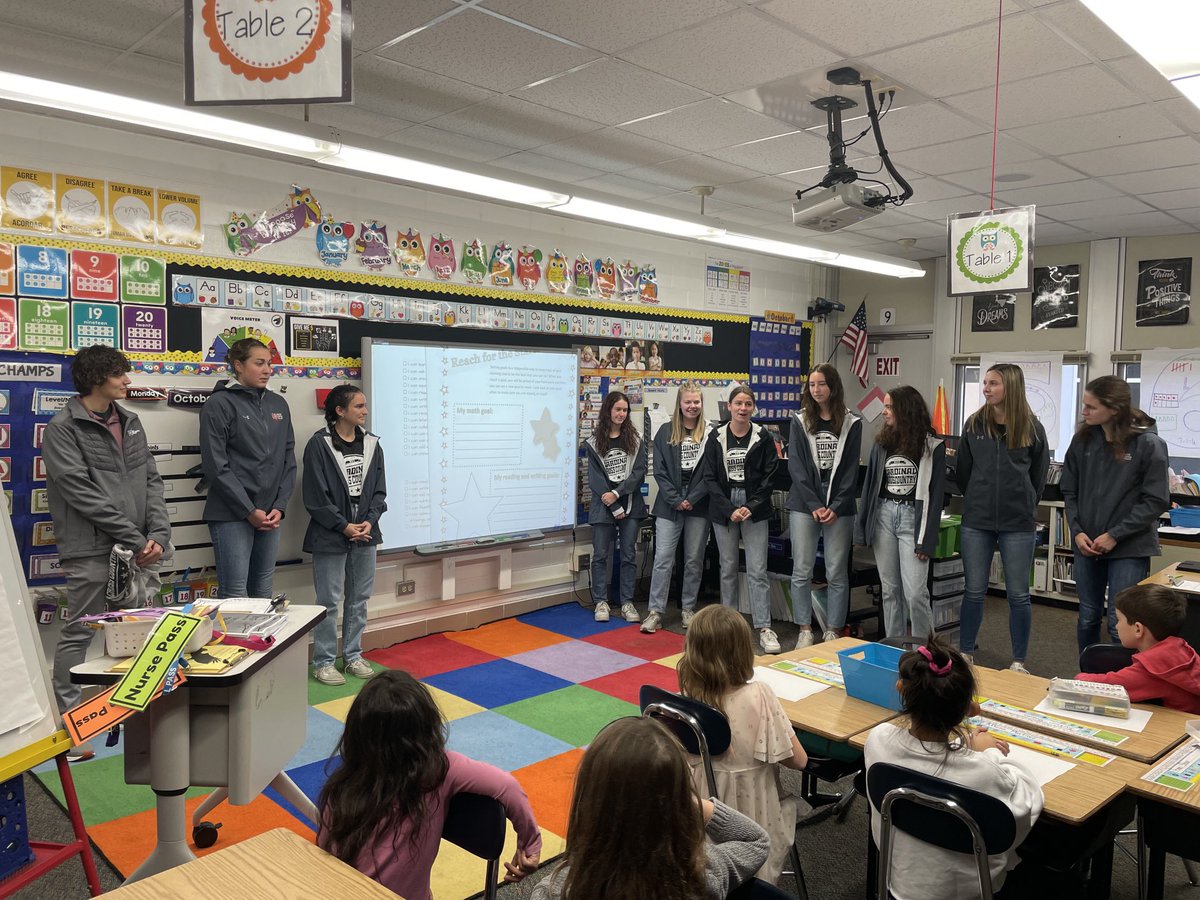 NCC Women’s Cross Country team helping first graders with goal-setting. #PartnersInGrowth #YouBelong ⁦<a href="/LangesMatt/">Elmwood Eagles</a>⁩ ⁦<a href="/NCCWomensXCTF/">NCC Women's XC & Track</a>⁩