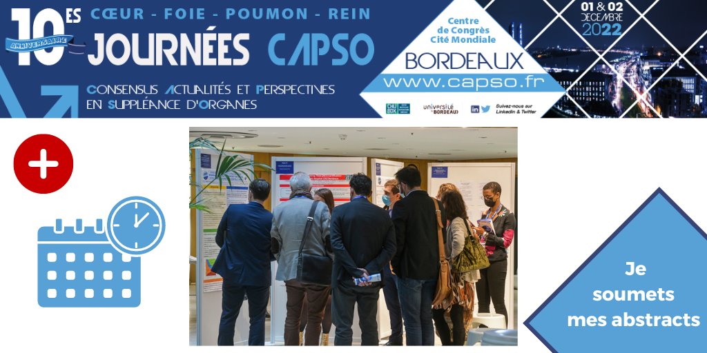 JourneesCAPSO's tweet photo. 📢Prolongation de la soumission d'abstracts jusqu'au 3⃣1⃣ octobre.
⏱️Soumettez vite pour avoir une chance de présenter votre poster les 1er et 2 décembre prochains, à Bordeaux, pendant les Journées #CAPSO22.
https://t.co/XkBmttAiiv https://t.co/DmcsDNM5gS
