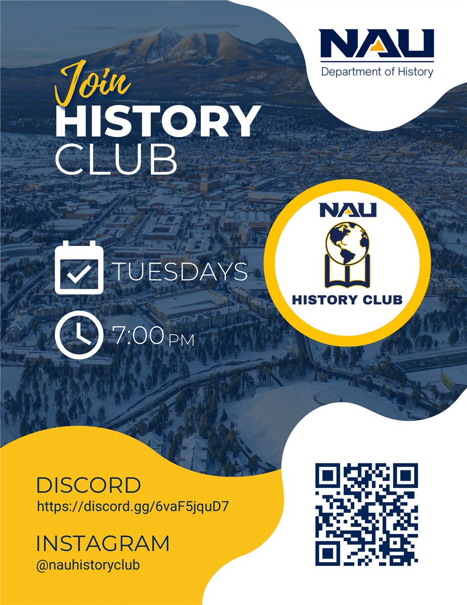 nau_calevents's tweet photo. Mark your calendar for the History Club meeting tomorrow!
⭐ Tuesday at 7 p.m.
#NAUCAL #CALEvents #CALClub #NAUHistory #HistoryClub #History @NAUHistoryDept https://t.co/hTSqWeNsAk