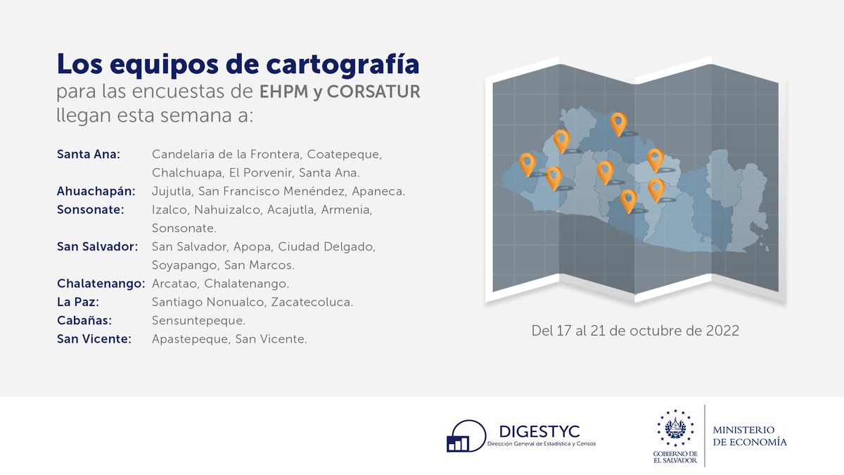 EconomiaSV's tweet photo. 📢Del 17 al 21 de octubre, equipo de #DIGESTYC recabará datos socioeconómicos y demanda turística interna, a través del mapeo y encuestas:
✅ Hogares de Propósitos Múltiples #EHPM
✅ MITUR

Del 17 al 23 de octubre:
✅ Uso del Tiempo

👇 Conoce los detalles: https://t.co/pPOg7yIa3g