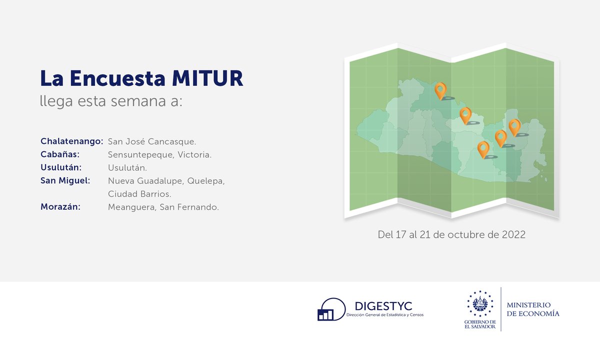 EconomiaSV's tweet photo. 📢Del 17 al 21 de octubre, equipo de #DIGESTYC recabará datos socioeconómicos y demanda turística interna, a través del mapeo y encuestas:
✅ Hogares de Propósitos Múltiples #EHPM
✅ MITUR

Del 17 al 23 de octubre:
✅ Uso del Tiempo

👇 Conoce los detalles: https://t.co/pPOg7yIa3g