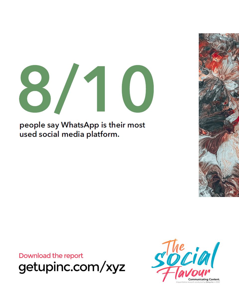 GetUpInc's tweet photo. In the Social Flavour (XYZ) Report, our findings show that 8/10 people use WhatsApp more than any other social media platform. 

Download The Social Flavour (XYZ) Report 👉🏽 https://t.co/0jkowOAE8f

📷 @AanuMacaulay https://t.co/Gto5OE26tB