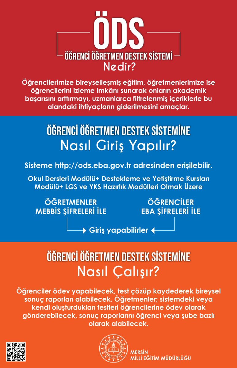 meb.gov.tr  MEB Öğrenci/Öğretmen Destek Sistemi (ÖDS) öğretmen ve öğrencilerin kullanımına sunuldu.
👉ods.eba.gov.tr/giris