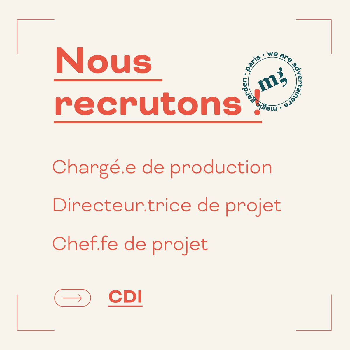 [💼WANTED]

Magic Garden #recrute ! 
Rejoignez l'aventure Magic dès maintenant en envoyant votre #candidature (CV et lettre de motivation) à recrutement@magicgarden-agency.com ! ✨

#evenementiel #emploi #recrutement #job #offredemploi #culture #agence #communication #magicgarden