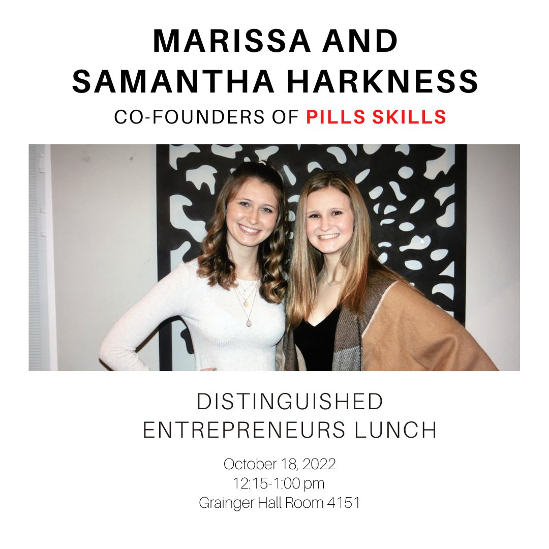 Are you interested in pharmacology, biomedicine, pharmaceuticals, medicine, or the art of compassion? Come meet Marissa and Samantha Harkness, co-founders of Pills Skills. 

For the full bio and to RSVP:
buswisc.qualtrics.com/jfe/form/SV_b9…