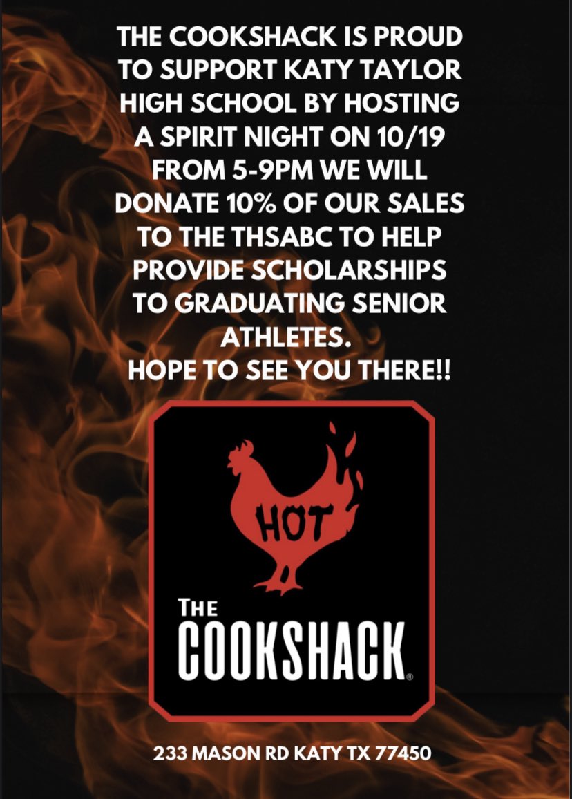 Spirit Night this Wednesday at CookShack on Mason road!!  Hope to see lots of people there!  Make sure to mention Taylor High school. 😁👍🏻