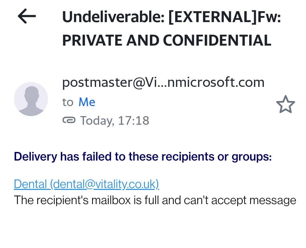 Well done <a href="/Vitality_UK/">Vitality UK</a>! 😡You ask people to send their dental claims to an email address that is full and can't receive messages. I have been on the phone waiting for one hour! Sort it out as I have better things to do.